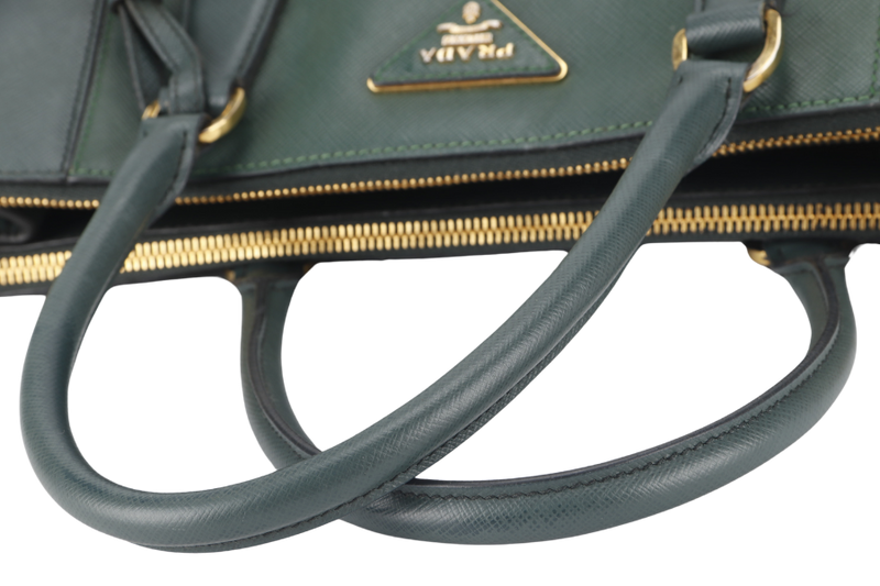 PRADA MEDIUM GALLERIA TOTE GREEN BICOLOR SAFFIANO LUX LEATHER GOLD HARDWARE WITH STRAPS AND DUST COVER