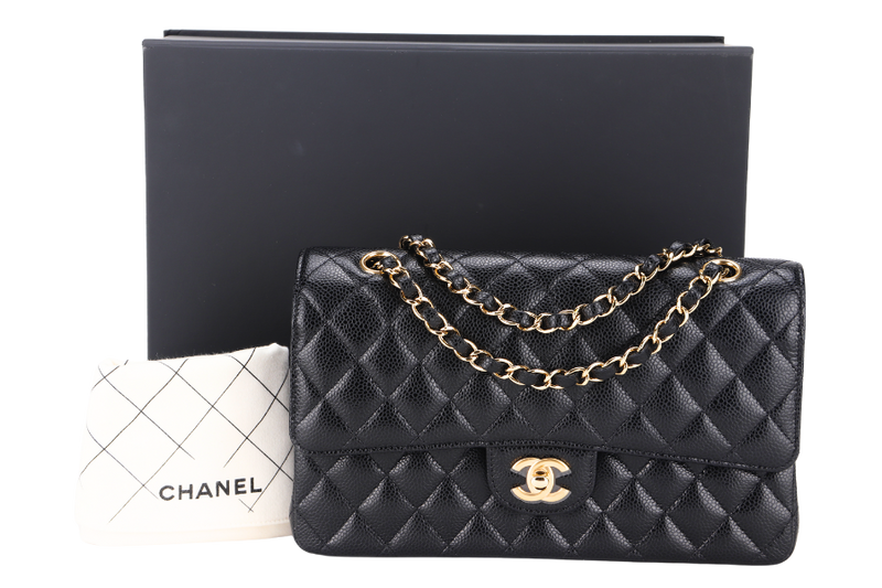 CHANEL CLASSIC FLAP (A047xxxx) MEDIUM BLACK CAVIAR GOLD HARDWARE, WITH DUST COVER & BOX