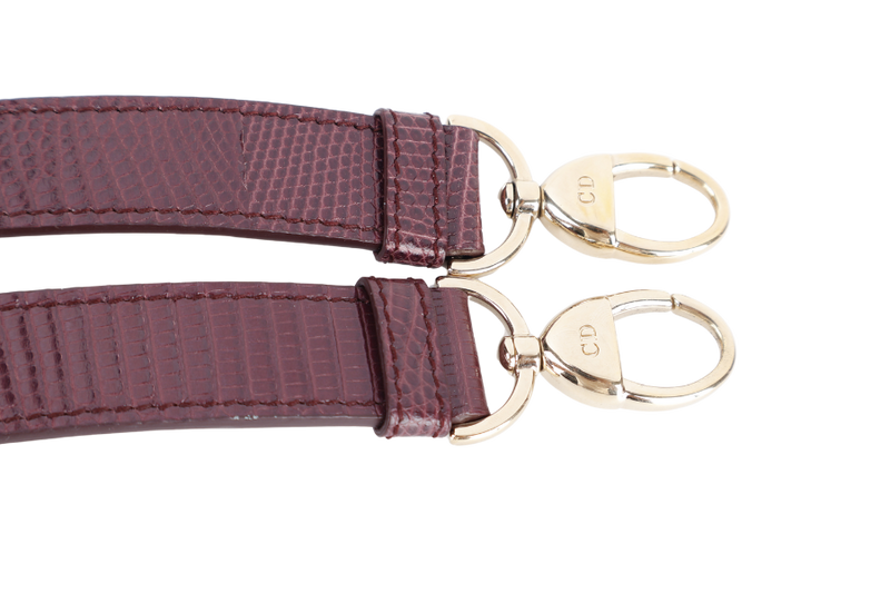 CHRISTIAN DIOR LADY DIOR MINI BURGUNDY LIZARD SKIN GOLD HARDWARE WITH STRAPS, CITIES REPORT AND DUST COVER