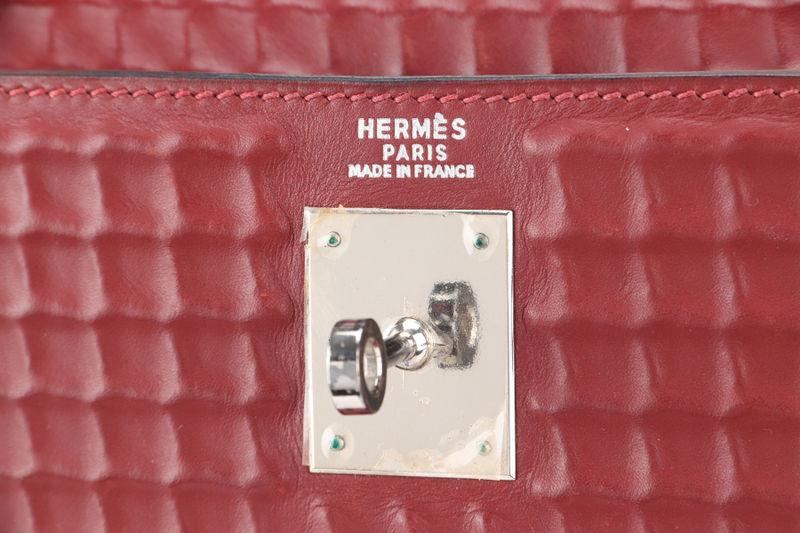 HERMES KELLY 32 WAFFLE SELLIER STAMP G (YEAR 2003) ROUGE H EVERCALF LEATHER SILVER HARDWARE WITH STRAPS, DUST COVER (NO KEYS & LOCK)