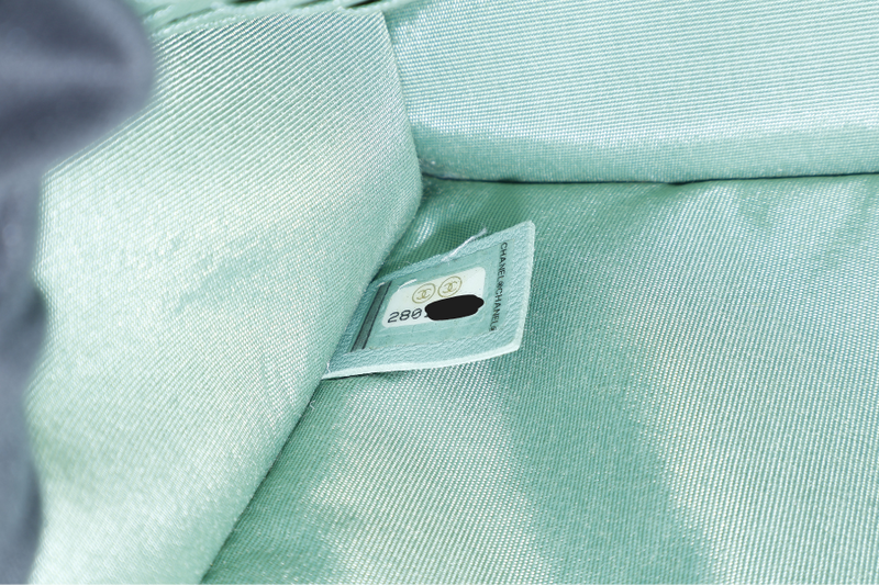 CHANEL GREEN TWEED PVC LAMBSKIN CHANEL LOGO WRISTLET POUCH (2081xxxx) GOLD HARDWARE WITH DUST COVER AND CARD