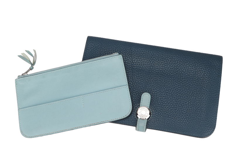 HERMES DONGON DUO WALLET (STAMP X) YEAR 2016 BLUE TOGO LEATHER PALLADIUM HARDWARE NO DUST COVER & BOX