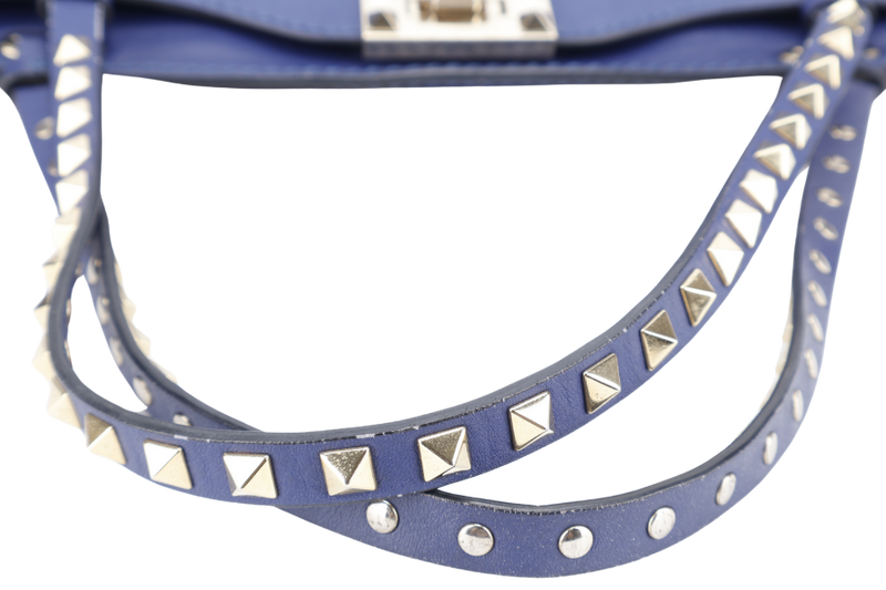 VALENTINO VITELLO SMALL ROCKSTUD BLUE LEATHER TOTE BAG WITH GOLD HARDWARE WITH STRAPS AND DUST COVER
