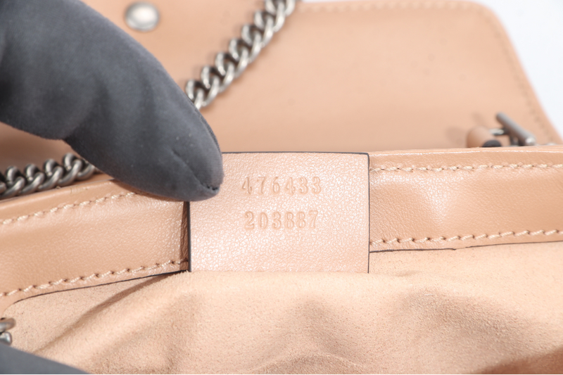 GUCCI GG MARMONT SUPER MINI BEIGE MATELASSE CHEVRON LEATHER RUTHENIUM HARDWARE WITH DUST COVER AND BOX