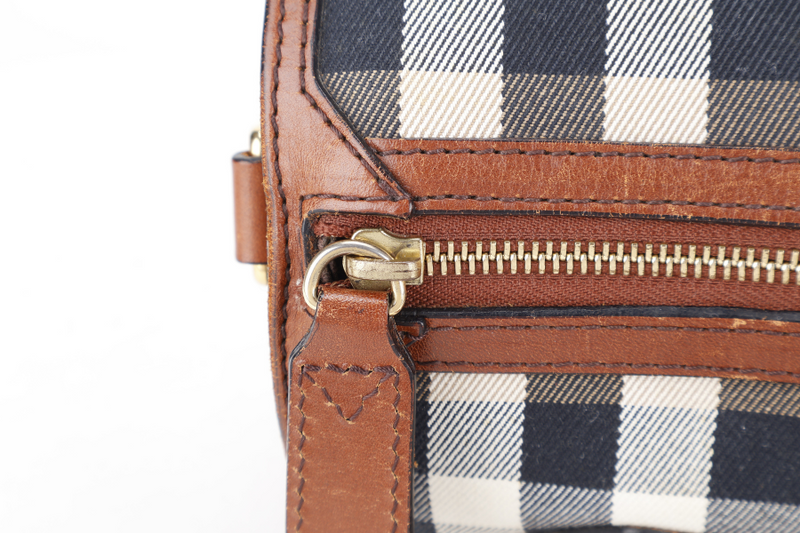 BURBERRY HOUSE CHECK BRIDLE BOWLING BAG BROWN CANVAS AND LEATHER GOLD HARDWARE WITH DUST COVER
