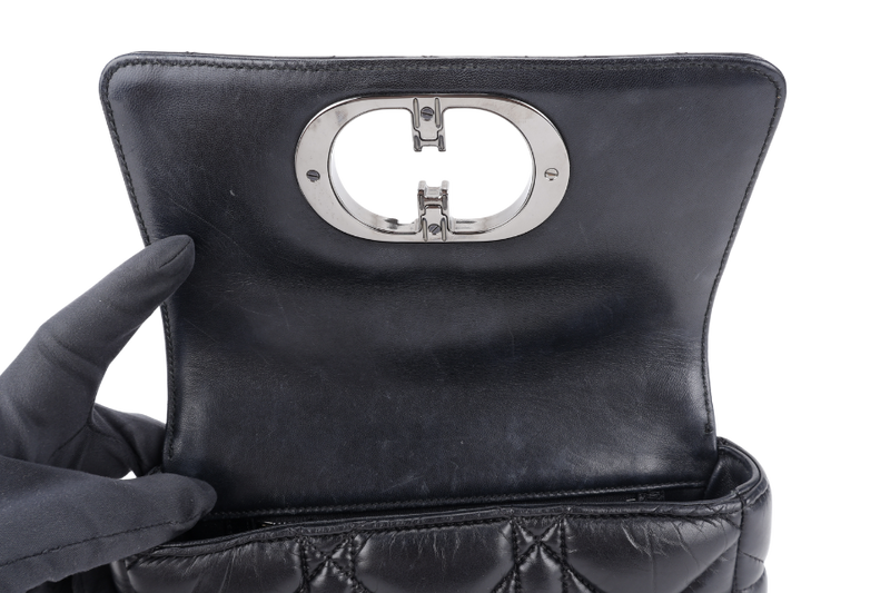 CHRISTINE DIOR CARO BLACK SMALL LEATHER 2WAYS BAG PALLADIUM HARDWARE NO DUST COVER
