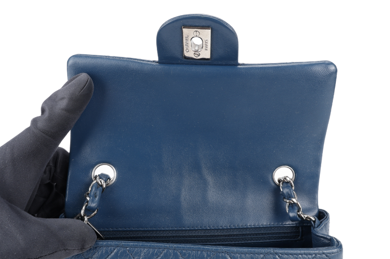 CHANEL BLUE LAMBSKIN MINI RECTANGLE CLASSIC FLAP (1762xxxx) SILVER HARDWARE WITH DUST COVER