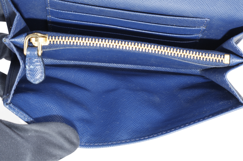 PRADA WRISTLET WALLET DARK BLUE SAFFIANO LEATHER GOLD HARDWARE