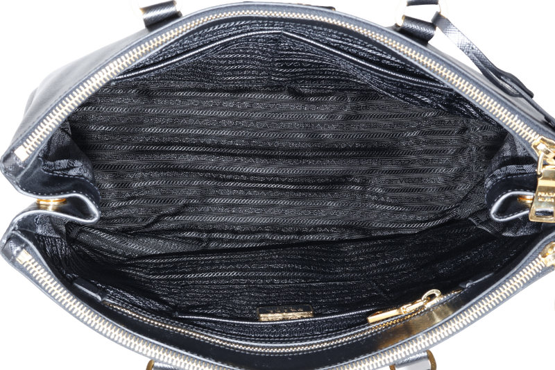 PRADA BN1786 DOUBLE ZIP TOTE BAG BLACK SAFFIANO LUX LEATHER GOLD HARDWARE WITH DUST COVER AND CARD