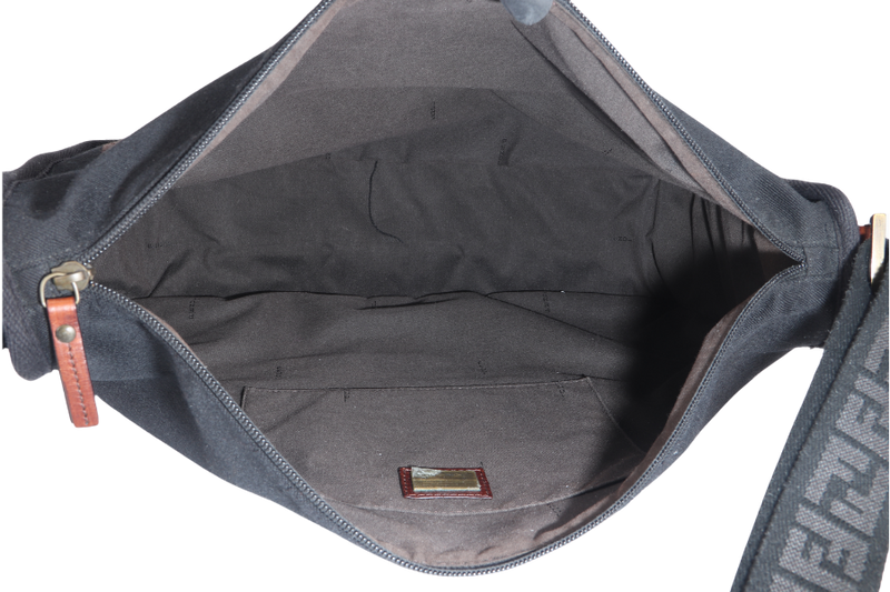 FENDI ZUCCA MESSENGER BAG BLACK CANVAS SILVER HARDWARE WITH DUST COVER