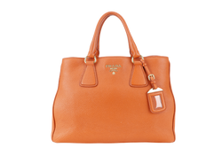 PRADA BN2579 VITELLO DAINO ZIP BAG ORANGE LEATHER GOLD HARDWARE WITH DUST COVER, LONG STRAPS AND CARD