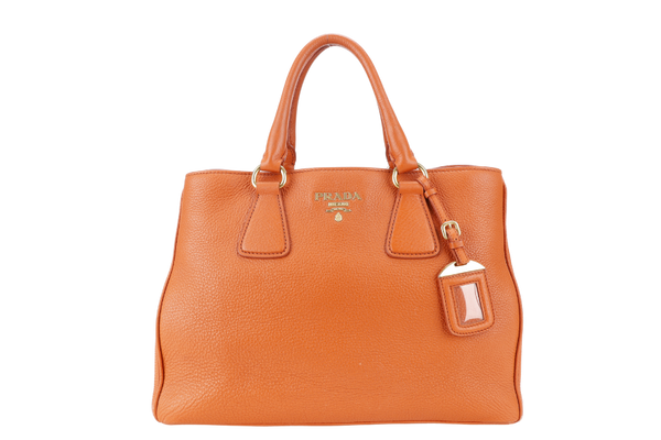 PRADA BN2579 VITELLO DAINO ZIP BAG ORANGE LEATHER GOLD HARDWARE WITH DUST COVER, LONG STRAPS AND CARD