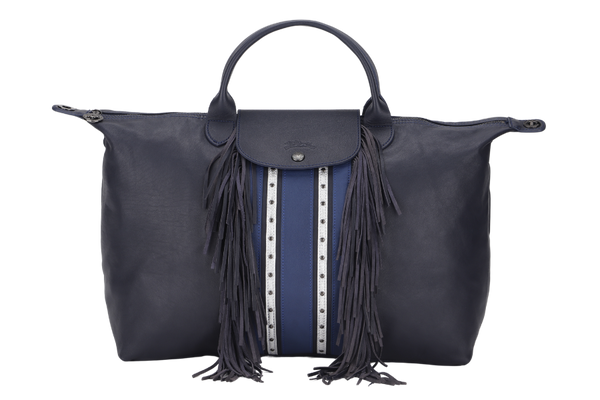 LONGCHAMP LE PLIAGE DARK BLUE LEATHER WITH FRINGE WITH STRAP & DUST COVER