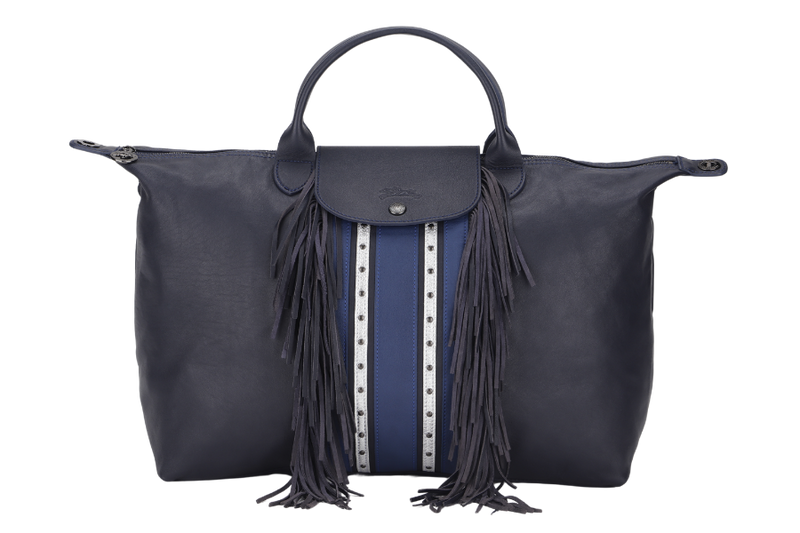 LONGCHAMP LE PLIAGE DARK BLUE LEATHER WITH FRINGE WITH STRAP & DUST COVER