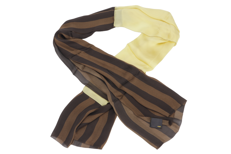 FENDI BROWN LINES WITH YELLOW COLOR SILK SCARF 172CMx66CM