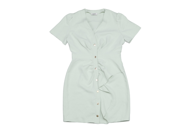 SANDRO EMERSON RUFFLED WOVEN MINI SHIRT DRESS SIZE S IN GREEN