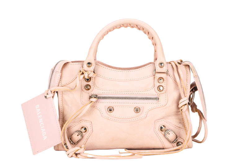 BALENCIAGA SMALL BEIGE LEATHER CITY HANDBAG (300295.5969.U.568024) SILVER HARDWARE WITH STRAP, MIRROR & DUST COVER