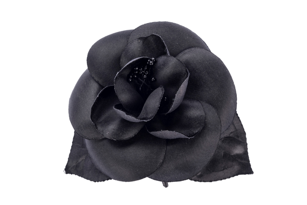 Chanel Camellia Brooch All Black with Leaf, with Box