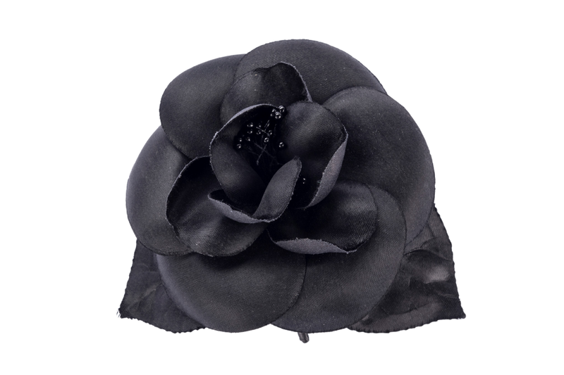 Chanel Camellia Brooch All Black with Leaf, with Box