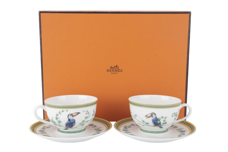 HERMES TOUCANS DÉCOR PORCELAIN TEA CUP AND SAUCER SET OF 2 WITH BOX