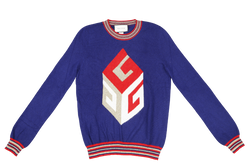 GUCCI INTARSIA CUBE SWEATER KNIT NAVY WOOL &amp; CASHMERE-BLEND