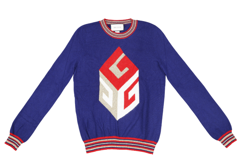 GUCCI INTARSIA CUBE SWEATER KNIT NAVY WOOL &amp; CASHMERE-BLEND