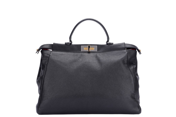 Fendi Peekaboo, Large width 40cm, Black Color Goatskin, Pink Color Inner Lining