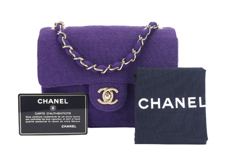 CHANEL CLASSIC FLAP MINI SQUARE (648xxxx) PURPLE JERSEY GOLD HARDWARE WITH DUST COVER AND CARD