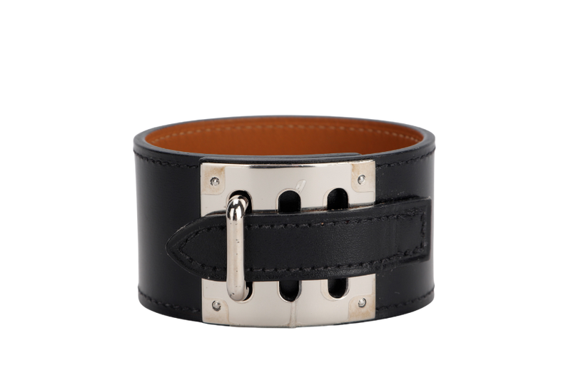 Hermes Perforated Intense Bracelet, Black Color, Silver Hardware