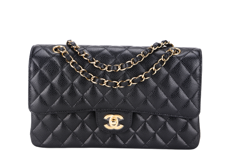 CHANEL CLASSIC FLAP (A047xxxx) MEDIUM BLACK CAVIAR GOLD HARDWARE, WITH DUST COVER & BOX