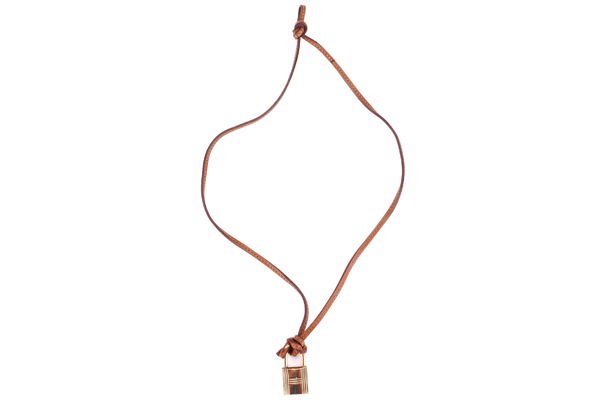 HERMES GOLD PLATED LOCK (Ref.127) NECKLACE WITH BROWN LEATHER STRAP