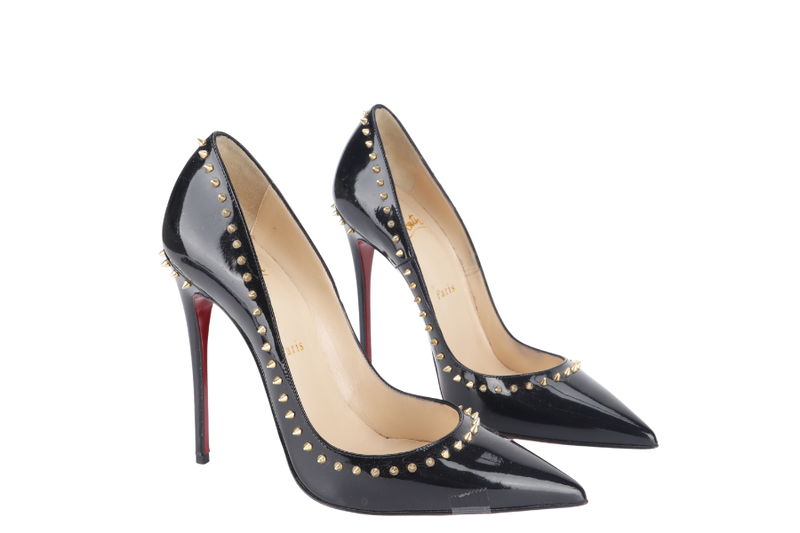 CHRISTIAN LOUBOUTIN ANJALINA 120 BLACK PATENT STUDDED HIGH HEEL 37.5