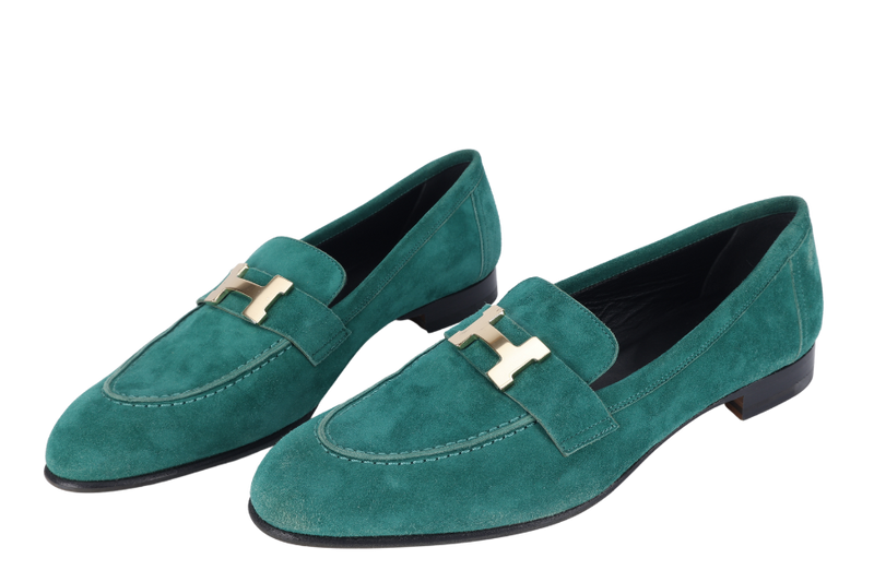 HERMES PARIS LOAFERS SHOES GREEN NUBUCK SIZE 38 WITH BOX