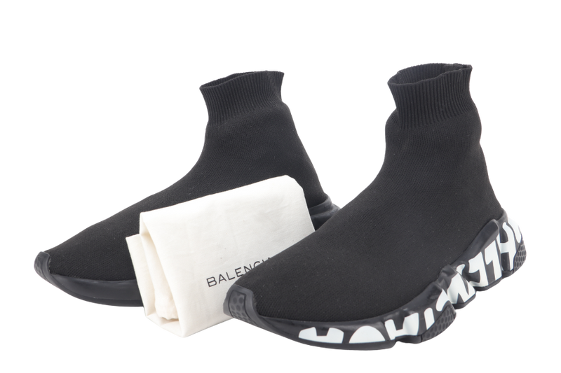 BALENCIAGA KNIT GRAFFITI SOLE SPEED LT GRAFFITI SNEAKERS IN BLACK EU SIZE 38 WITH DUST COVER NO BOX