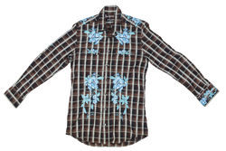 DOLCE & GABBANA BROWN CHECKED WITH BLUE FLOWER SHIRT SIZE 40