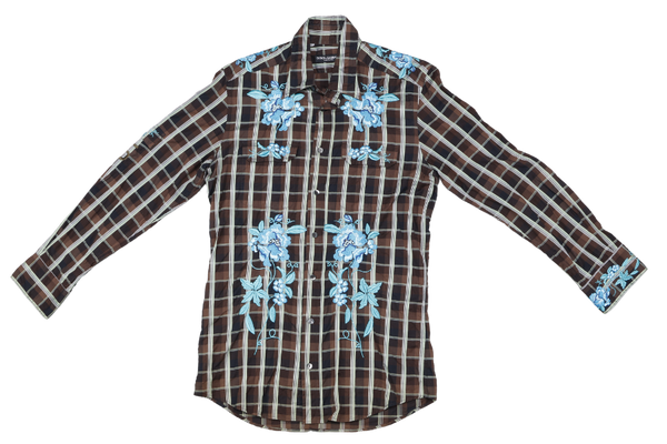 DOLCE & GABBANA BROWN CHECKED WITH BLUE FLOWER SHIRT SIZE 40