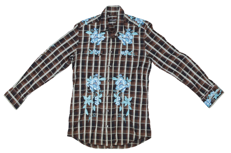 DOLCE & GABBANA BROWN CHECKED WITH BLUE FLOWER SHIRT SIZE 40