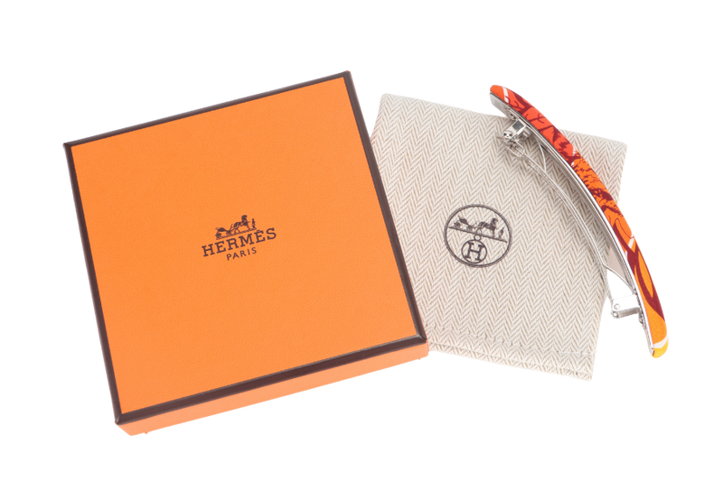 HERMES SILK HAIR CLIP ORANGE WITH BOX