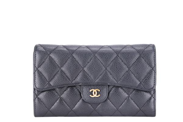 CHANEL TRI FOLD CLASSIC WALLET (2118xxxx) BLACK CAVIAR GOLD HARDWARE WITH CARD, NO DUST COVER