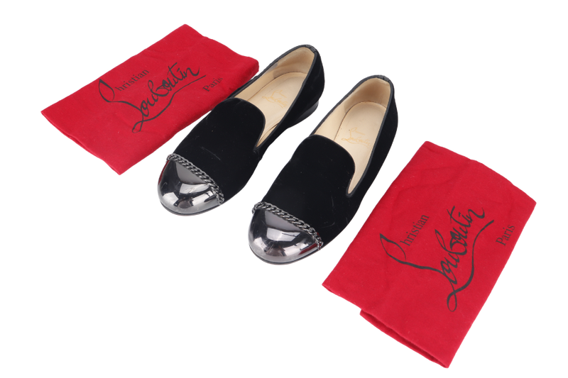 CHRISTIAN LOUBOUTIN BLACK VELVET FLAT 38.5 WITH DUST COVER