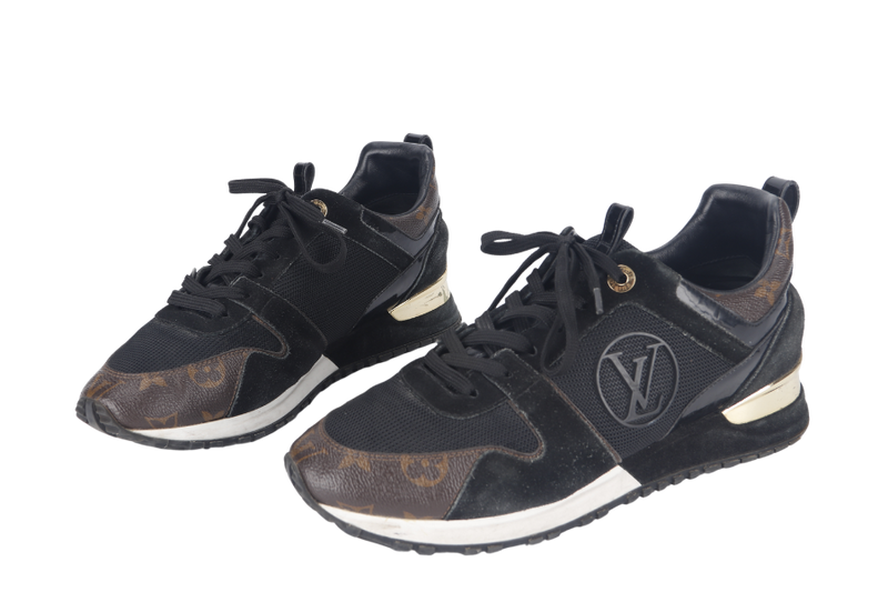 LOUIS VUITTON RUN AWAY LINE SNEAKERS SHOES BLACK BROWN SUEDE MONOGRAM CANVAS SIZE 41