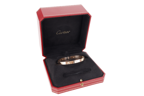 CARTIER DIAMOND LOVE BRACELET ROSE GOLD WITH 4 DIAMONDS (SIZE 18) WITH BOX AND BOOKLET