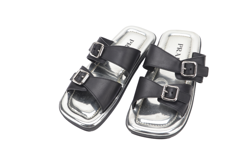 PRADA BLACK LEATHER BUCKLES SILVER PATENT LEATHER MULES SANDALS EU SIZE 37 WITH DUST COVER
