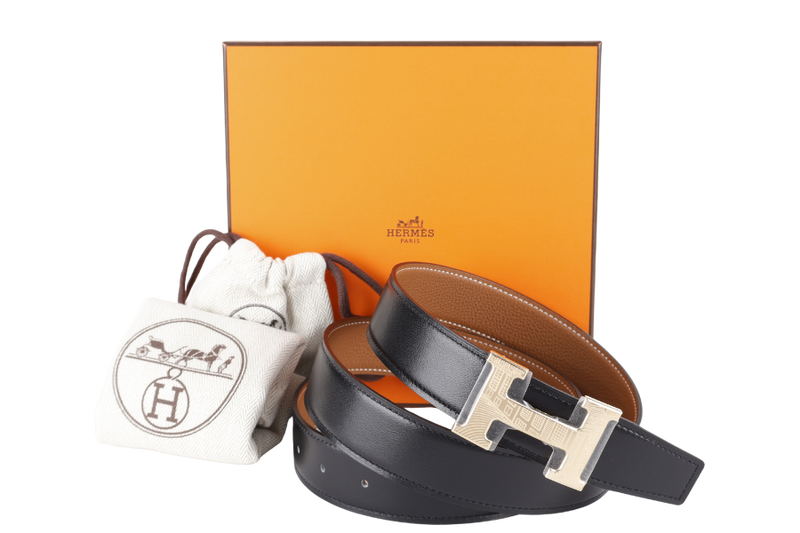 HERMES GOLD BLACK COLOR BELT FAUBOURG LAITON PERMABRASS GOLD HARDWARE WITH DUST COVER AND BOX