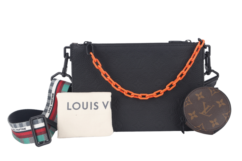 LOUIS VUITTON TRIO POUCH BAG (M59681) MONOGARAM BLACK EMPREINTE WITH ROUND POUCH, STRAPS AND DUST COVER