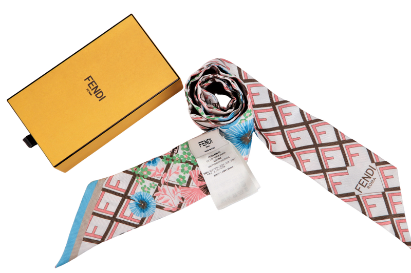 FENDI FXT011 A56STU SILK WRAPPY LIGHT PINK, BLUE, KHAKI, FLORAL PRINTS, 1200 X 50MM, WITH BOX