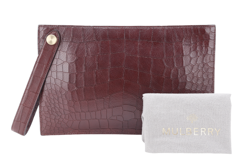 MULBERRY OXBLOOD EMBOSSED CROC LEATHER CLUTCH GOLD HARDWARE WITH DUST COVER