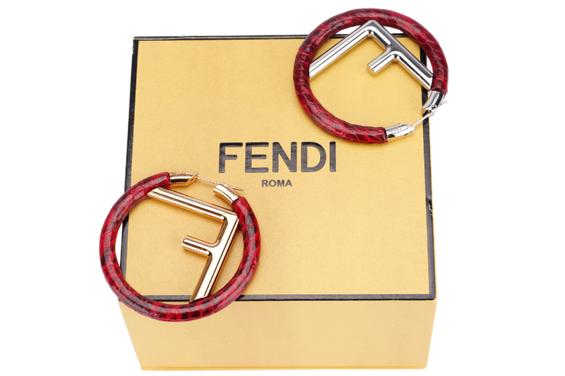 FENDI SILVER F INITIALS WITH RED LIZARD SKIN ROUND SHAPE EARRING, WITH BOX