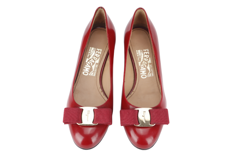 SALVATORE FERRAGAMO VERA BOW HEELS RED LEATHER SIZE 35