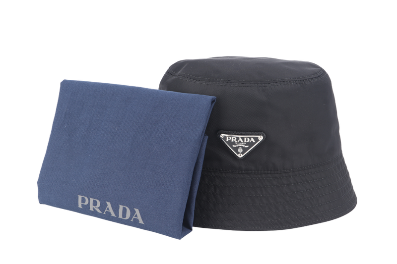 PRADA BUCKET HAT METAL LOGO BLACK NYLON WITH DUST COVER